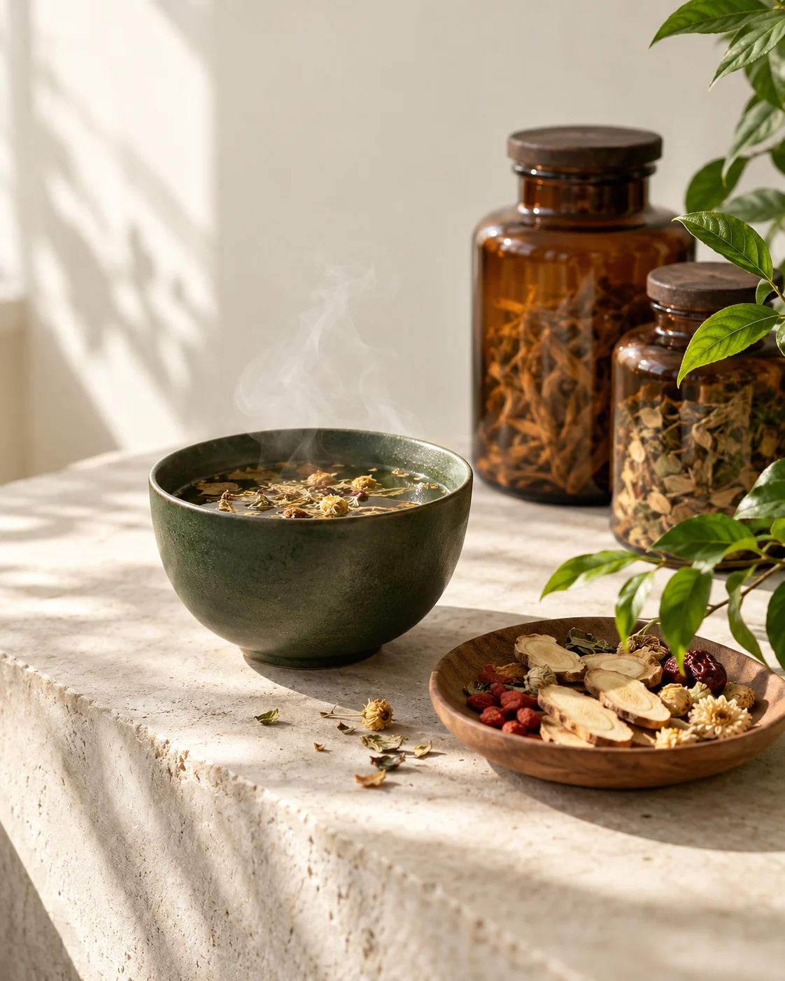 Illustrative herbal tea and dried botanicals in a sunlit setting